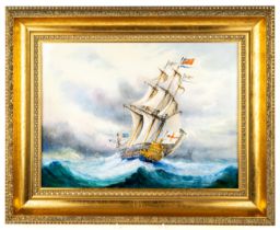 An English porcelain hand painted rectangular plaque, painted by Stefan Nowacki, with sailing boat
