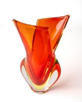 A Murano orange angular split vase, approx 14cm high Good condition, wear commensurate with age