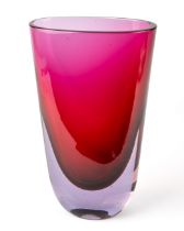 A late 20th Century Flavio Poli cranberry glass tapering oval vase, approx 24cm high bubbles