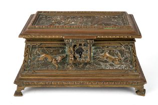 French cast bronze casket embossed with hunting scenes, lined with wood. 15.5 long, 8.5 cm tall, 9.5