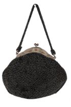 A black beadwork bag, the white metal clasp set with synthetic rubies, sapphires and emerald in
