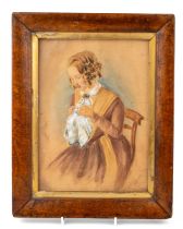 Victorian Watercolour of a young woman doing needlework signed M A Pearson 1860 in original maple