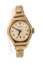 A ladies Avia 9ct yellow gold wristwatch, on a gold plated expanding bracelet Generally good