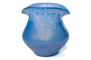 A rare Loetz blue iridescent vase, pinched rim, white overlay lace effect detail, approx 13.5cm