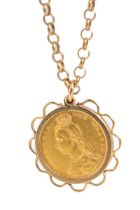 An 1892 shield back half sovereign pendant, in a 9ct yellow gold pendant mount, on a 9ct yellow gold