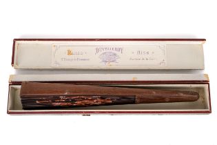 Duvelleroy wood and embroided silk hand fan in original box bearing the Duvelleroy Paris and Nice