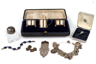 A collection of silver, to include an Elkington & Co silver three-piece cruet, blue glass liners,