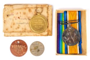 WW1 pair of medals, private A. Venables N. Staff Regiment, in original issue box and dog tags In