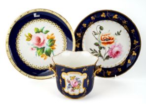 A Royal Crown Derby jardiniere, blue ground with two cartouche painted with floral sprays, gilt