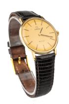 A gentleman's 18ct yellow gold Omega De Ville wristwatch, circular gold dial with baton