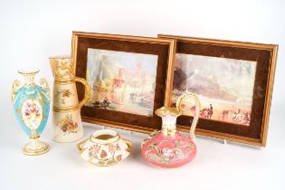 A collection of English porcelain, including two framed Coalport Views of England plaques, Royal