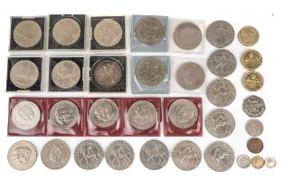 Assorted coins, including an 1893 silver crown; various 1953 Five Shillings; commemorative etc