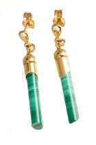 A pair of 9ct yellow gold and malachite drop earrings, approx 3.8cm long, total gross weight