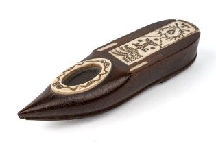 A Napoleonic Prisoner of War Games Shoe, the carved bone sliding cover opening to reveal bone