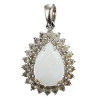 A 14k white gold opal and white sapphire pendant, the pear cabochon white opal approx 2cts,