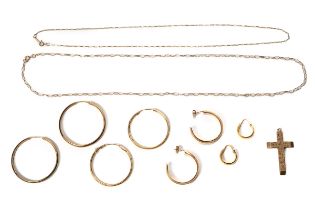 A collection of 9ct gold jewellery, including four pairs of hoop earrings, a cross pendant, two