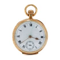 An 18ct yellow gold ladies Omega fob watch, 28mm circular white enamel dial with black Roman