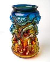 Jan Gabrhel - Chlum u Trebone, a vari-coloured glass vase, molded with cherubs, orange/yellow/