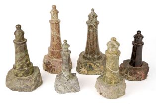 6 Cornish serpentine marble lighthouse sculptures. Tallest measures approx 18 cm tall. In good