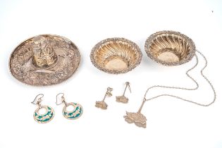 A collection of silver, to include a 1970's silver pendant necklace and matching earrings, by