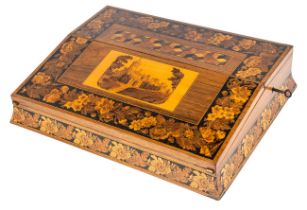 19th century Tunbridge Ware writing slope with scene of a Eridge Castle on the lid. Complete with