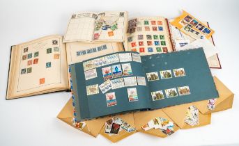 Three stamp albums and loose stamps including general collection of world stamps.