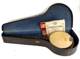 A cased vintage five-string banjo, with maple resonator, 91cm long, marked to the neck, “Sanders