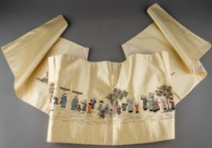 An early 20th Century Chinese long cream silk panel embroidered with figures walking each wearing