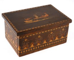 An Italian vari-wood inlaid box, the cover with cockerels and fowl by a table within diamond