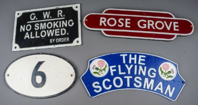 Railwayana: Three cast and painted metal type signs to include: The Flying Scotsman, 32cm long x