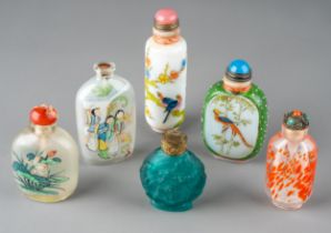 A collection of Chinese glass snuff bottles, including reverse painted depicting cockerel and