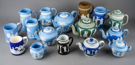 A collection of Modern Wedgwood style Jasparware mainly blue including teapots, jugs and coffee