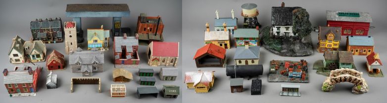 Two boxes of assorted railway model kit buildings to include houses, station, factories etc (2