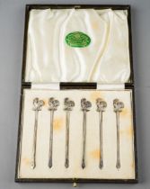 A set of six George V silver cocktail sticks with Cockerel terminals, hallmarked Barker Brothers,