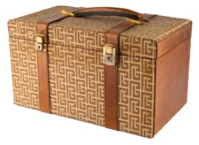 Pierre Balmain - a 1970s travel vanity case, tan leather and woven Balmain logo pattern with gilt