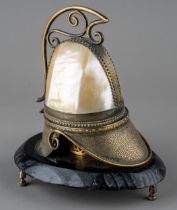 A 19th century French Palais Royale Mother of Pearl perfume holder in the form of a helmet. The