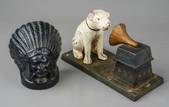Cast metal indian head door stop together with a cast metal RCA Victor phonograph Dog (2) In worn