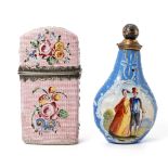 A Bilston enamel double scent bottle case c.1770-80, painted with colourful flowers on a pink