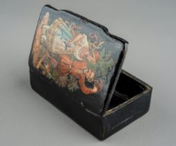 An early 19th century Russian papiermache box, the hinged cover painted with a courting couple,