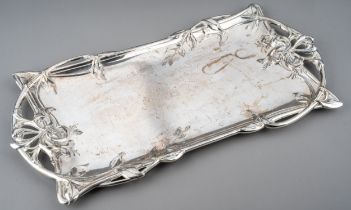 A Christofle Gallia Art-Nouveau plated card tray, of foliate pierced rectilinear form, numbered to