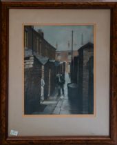 Tom Brown (British, 1933-2017) Alley view, boy carrying coal to mother pastel, 33 x 25cm signed