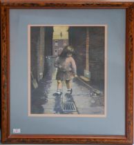 Tom Brown (British, 1933-2017) Little girl sweeping alley pastel, 35 x 26cm signed lower right,