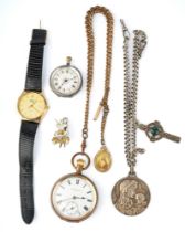 A ladies silver fob watch; a silver curb-link watch chain; gold-plated pocket watch and chain; UNO