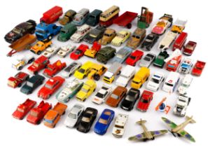 A large collection of vintage Dinky, Corgi, Majorette models mainly cars, also bus, fork lift,