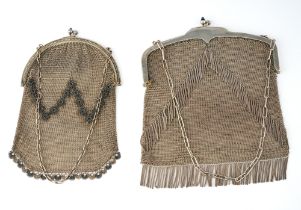 A ladies Art Deco white metal mesh evening purse, set with blue stones to clasp, fringed detail to