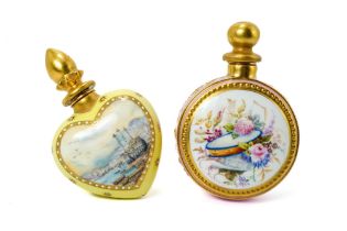 Two Lynton porcelain scent bottles painted by Stefan Nowacki, the heart shaped example with
