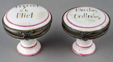 A pair of early 19th century French bronze mounted faience dressing table / chemists pots, '