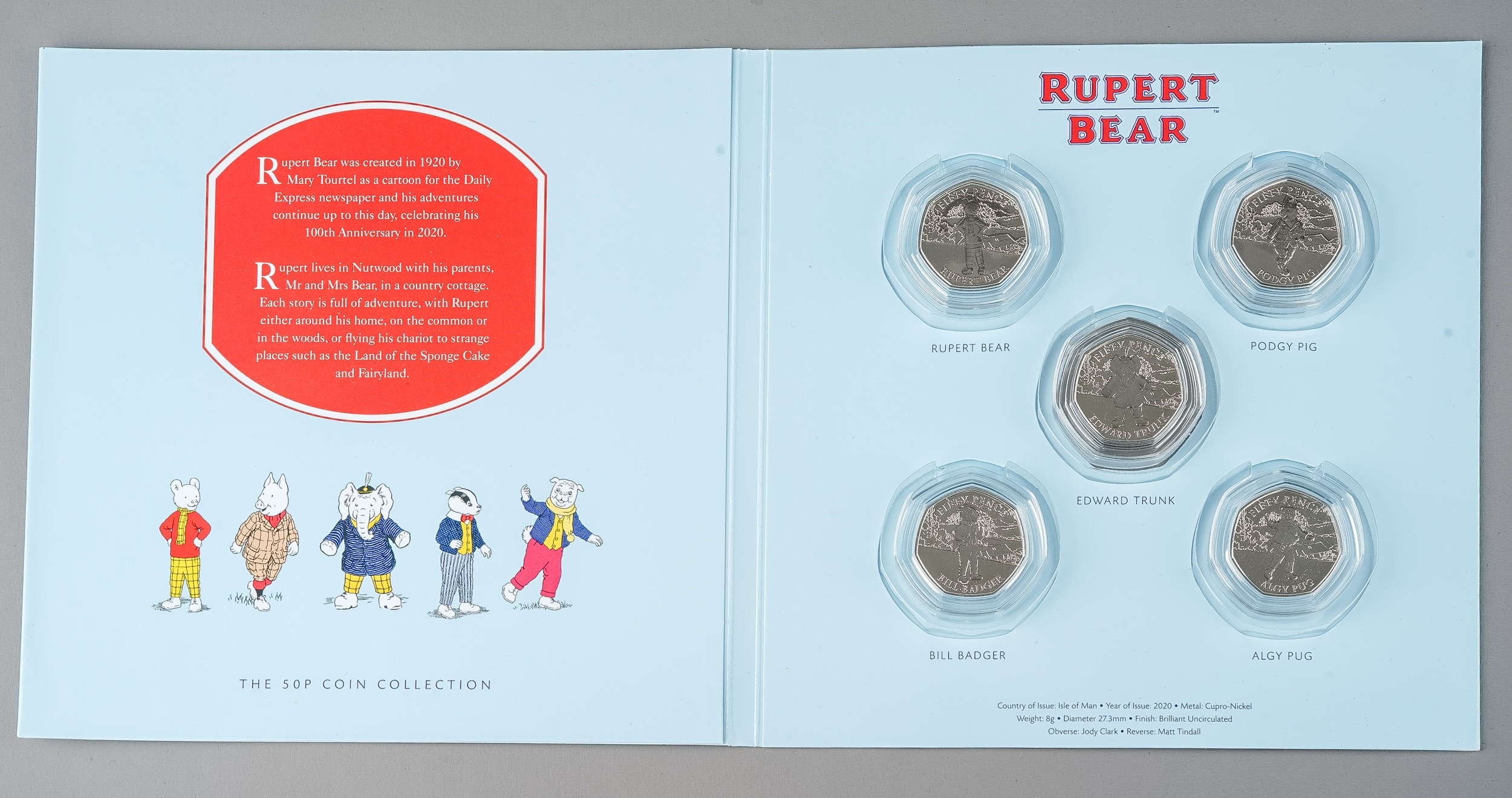 Rupert Bear: The 50p Coin Collection, with five encapsulated coins, comprising 'Rupert bear', 'Podgy