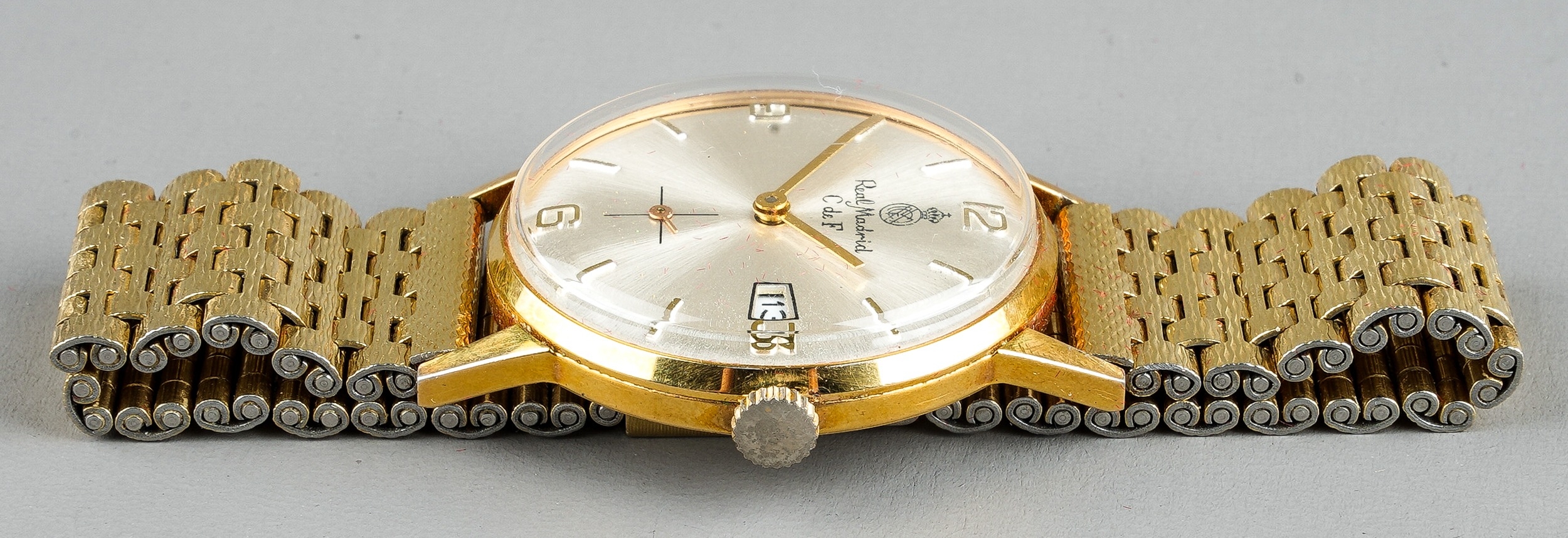 A gentleman's gold plated Real Madrid wristwatch, 30mm circular silvered dial with Arabic and - Image 3 of 6
