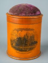 Tunbridge Ware Westminster Abbey and Windsor Castle treen pin cushion with purple velvet topped lid,